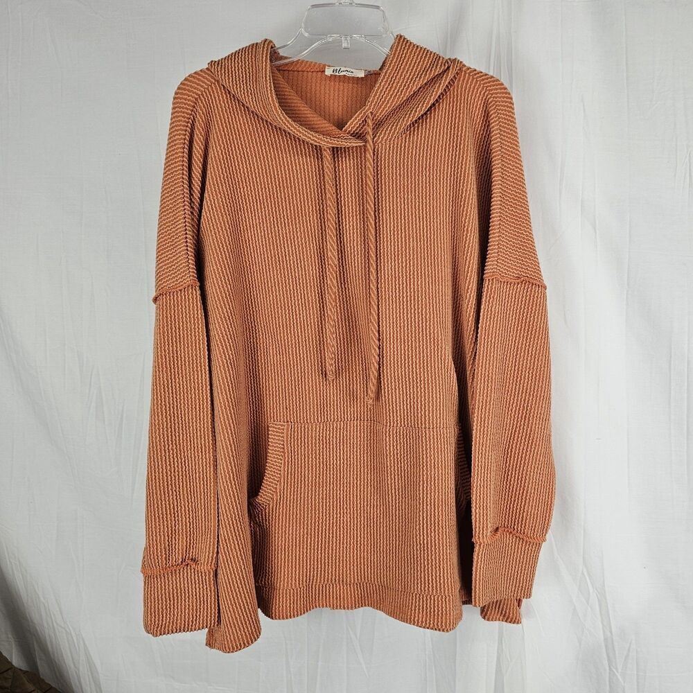 Blumin Apparel Burnt Orange Ribbed Long Sleeve Hooded Sweat Shirt Women's Large